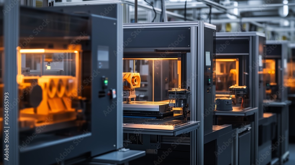 Industrial 3D printing machines in a modern manufacturing facility during the day showcasing advanced production technology Industrial 3D printing machines in a modern manufacturing facility during the day showcasing advanced production technology