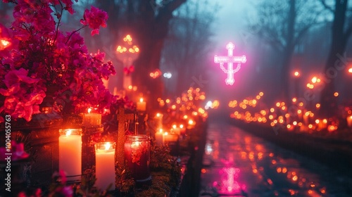 horizontal image of a dark cemetery background with candles for All Souls Day, halloween, banner, design, social media, Día de Muertos, copy space