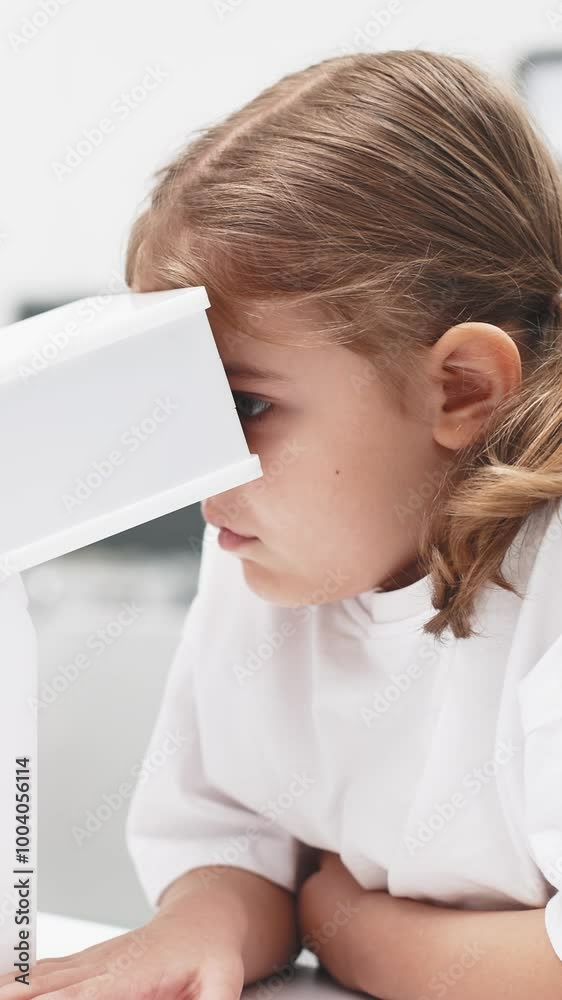 Vertical video. A young girl engages in orthoptic and pleoptic therapy using advanced vision stimulation equipment. Laser eye treatment promotes recovery and enhances vision Vertical video. A young girl engages in orthoptic and pleoptic therapy using advanced vision stimulation equipment. Laser eye treatment promotes recovery and enhances vision