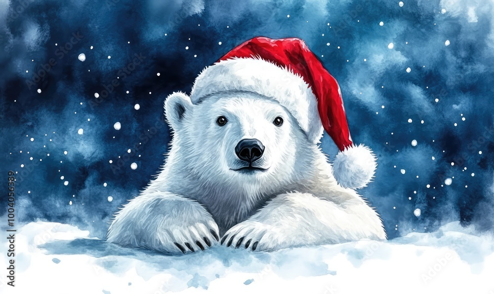 Cute Polar Bear in Santa Hat with Christmas Background Cute Polar Bear in Santa Hat with Christmas Background