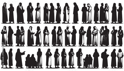 Collection of Muslim Arab man silhouette vector illustration black and white art design