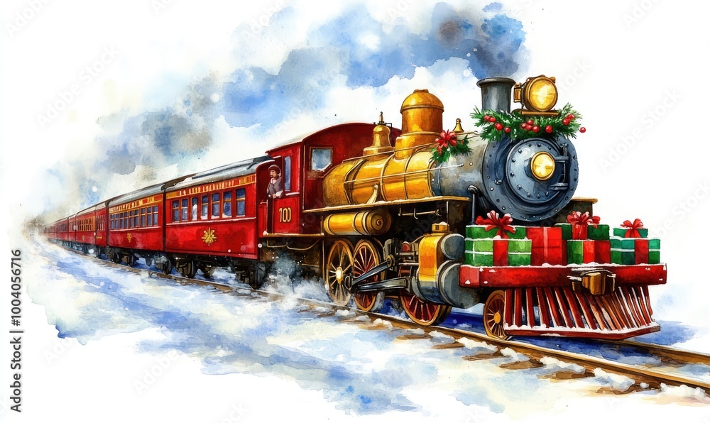 Fototapeta premium Festive Watercolor Train with Holiday Presents