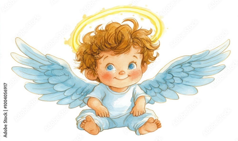 Fototapeta premium Sweet Angel with Glowing Wings and Halo in Watercolor