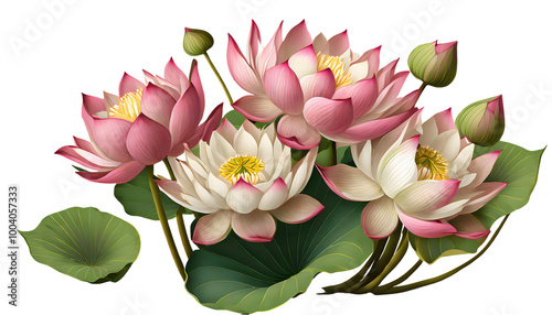 realistic bunch lotus flowers isolated on white background. Generative AI.