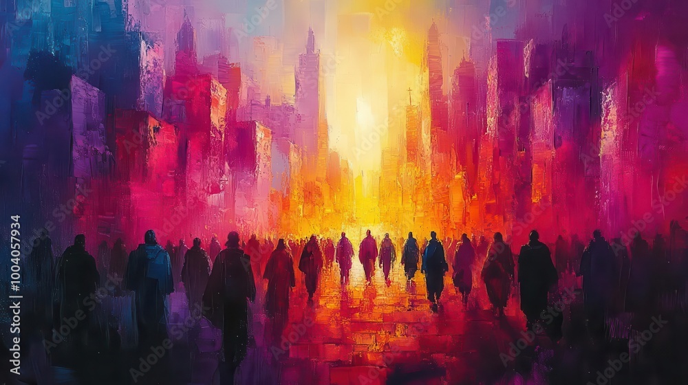 Fototapeta premium abstract art portraying pharisees in jerusalems bustling streets vibrant colors and bold strokes capturing the essence of the new testament a lively and expressive christian illustration