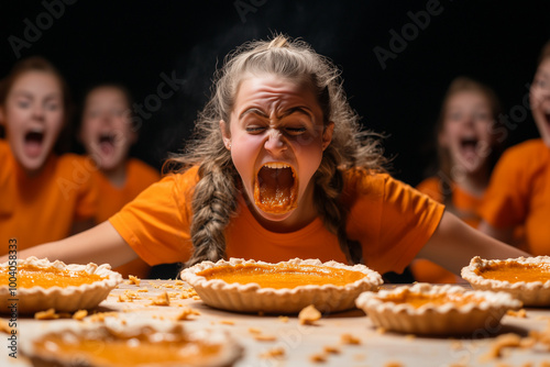Funny pumpkin pie eating contest where participants race to eat the most pies in a fun, competitive fall-themed event.