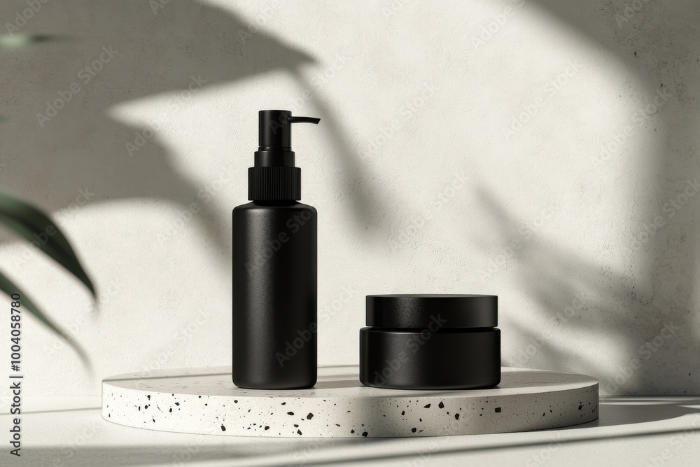 Sleek design mockup of men's skincare products on a minimalist display surface in natural light Sleek design mockup of men's skincare products on a minimalist display surface in natural light