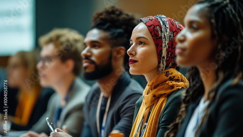 A diverse panel of international human rights defenders sharing testimonies at a world conference, calling for justice for crimes against marginalized communities. Ai generated