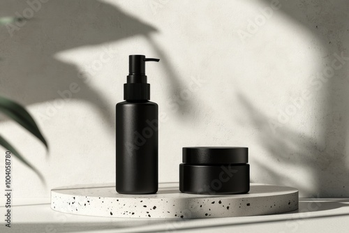 Sleek design mockup of men's skincare products on a minimalist display surface in natural light