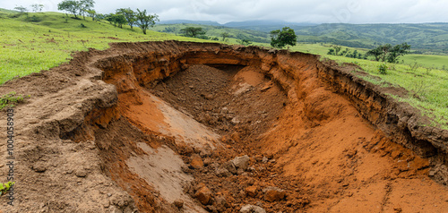 Erosion landscape with exposed soil and vegetation in a hilly area, green hills in background. photo