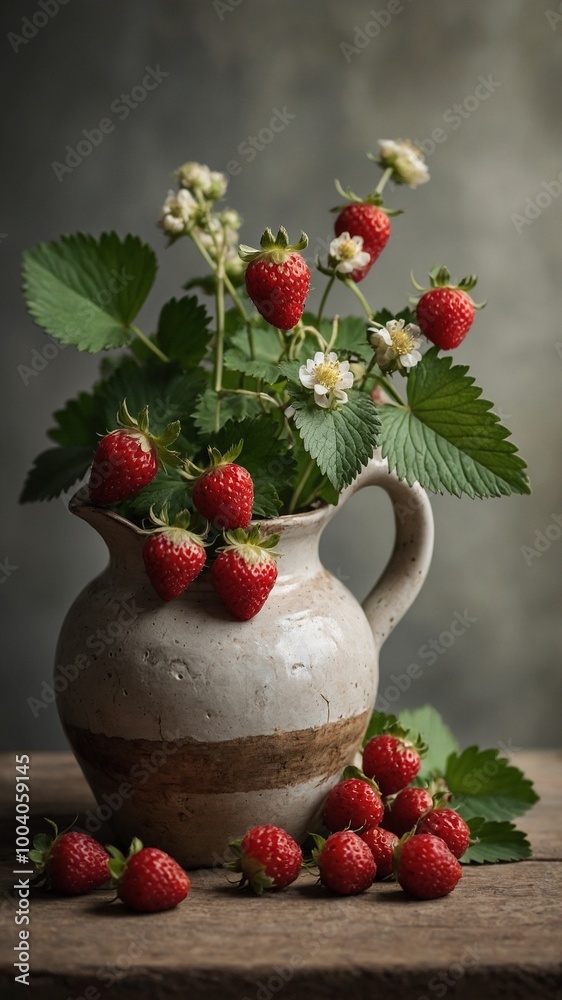 Ceramic pitcher filled with fresh ripe red strawberries and green leaves against blurred background Ceramic pitcher filled with fresh ripe red strawberries and green leaves against blurred background