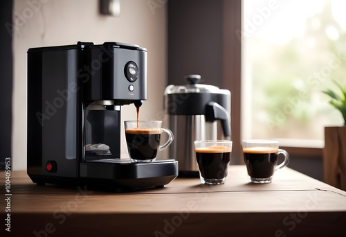 A coffee machine with two cups of freshly brewed coffee on a wooden table, with a blurred background