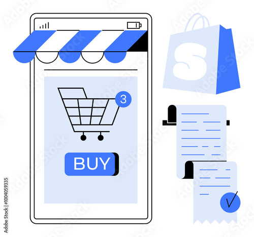 Mobile device display with shopping cart, buy button, and notification. Shopping bag and receipts nearby. Ideal for e-commerce, online shopping, digital payment, retail business, and mobile apps