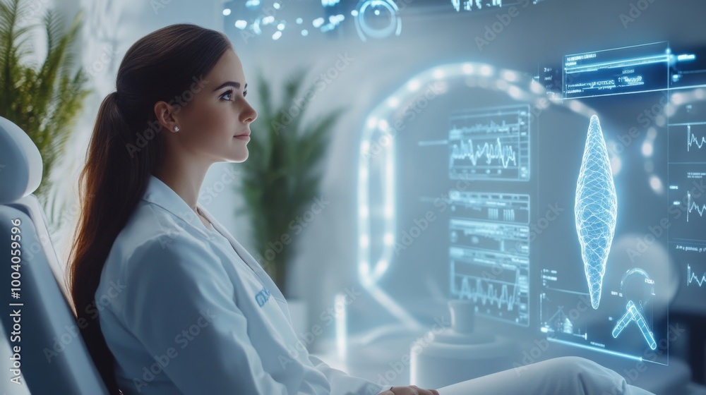 A healthcare professional is intently studying holographic medical data within a modern clinic. The advanced technology displays various health metrics, creating an innovative atmosphere. A healthcare professional is intently studying holographic medical data within a modern clinic. The advanced technology displays various health metrics, creating an innovative atmosphere.