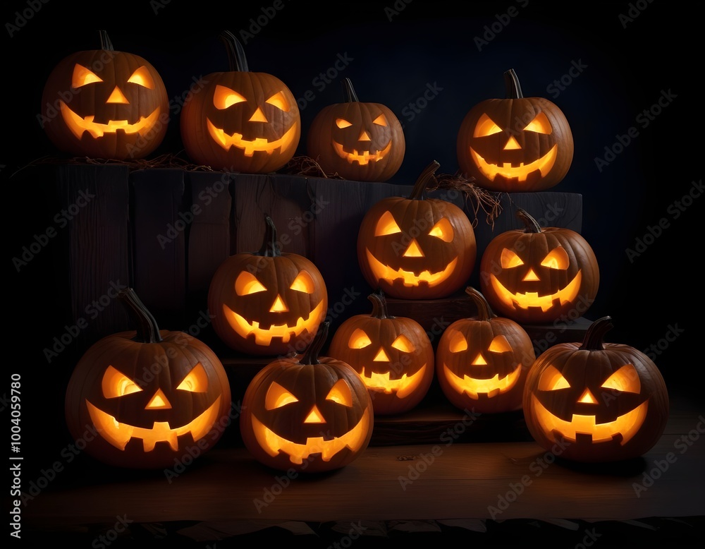 A group of carved pumpkin jack-o'-lanterns with glowing faces , against a dark background A group of carved pumpkin jack-o'-lanterns with glowing faces , against a dark background