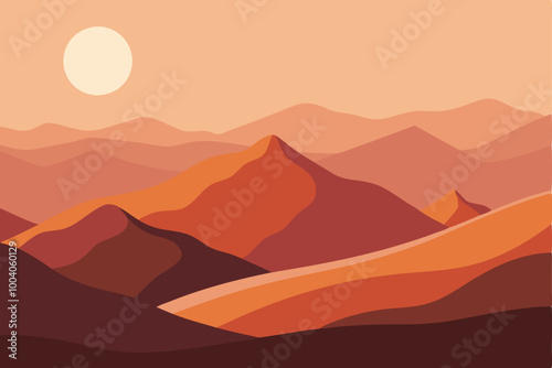 Abstract landscape sunrise background, hills earth tone, sunset. Minimal mountain view illustration design for banner, interior