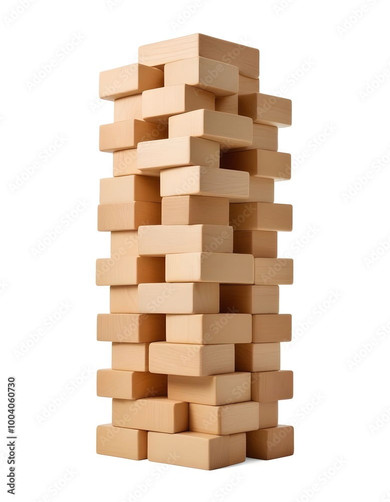 A tall wooden tower made of stacked wooden blocks A tall wooden tower made of stacked wooden blocks