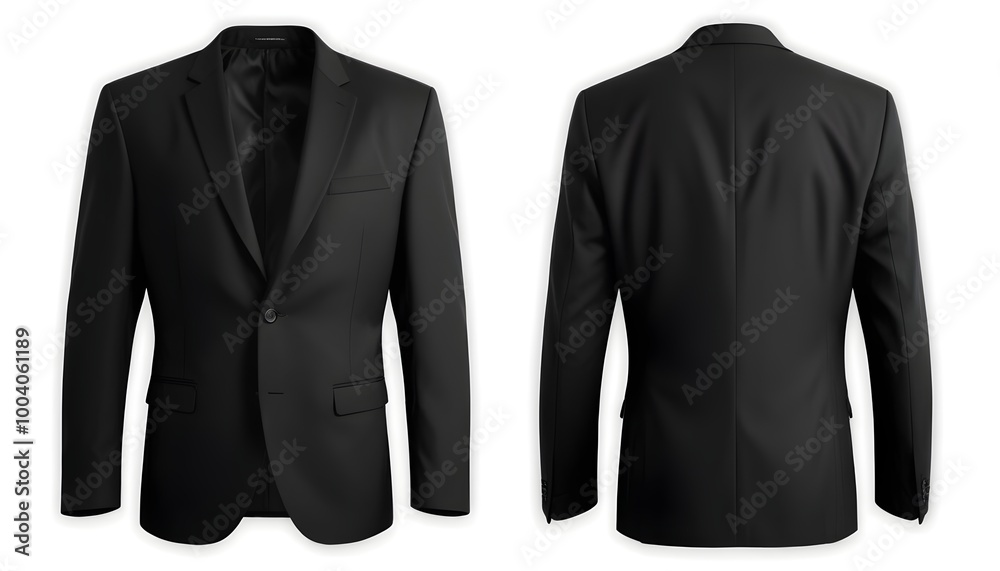 A black suit jacket with a lapel collar and two buttons on the front