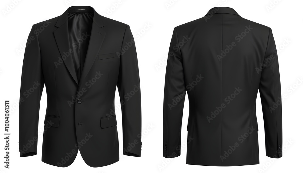 A black suit jacket with a lapel collar and two buttons on the front A black suit jacket with a lapel collar and two buttons on the front