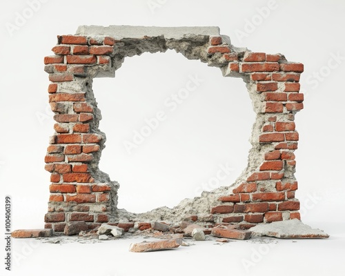A hole in a red brick wall with blowing pieces of bricks and plaster, 3D illustration