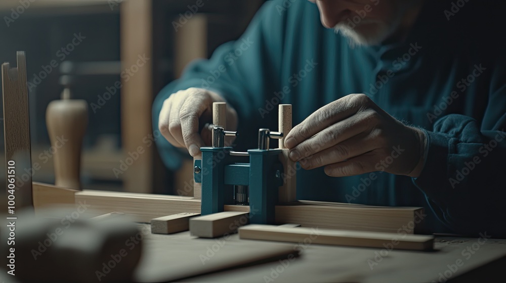 Carpenter building a cabinet, using clamps and a drill to assemble wooden panels with accuracy. Carpenter building a cabinet, using clamps and a drill to assemble wooden panels with accuracy.
