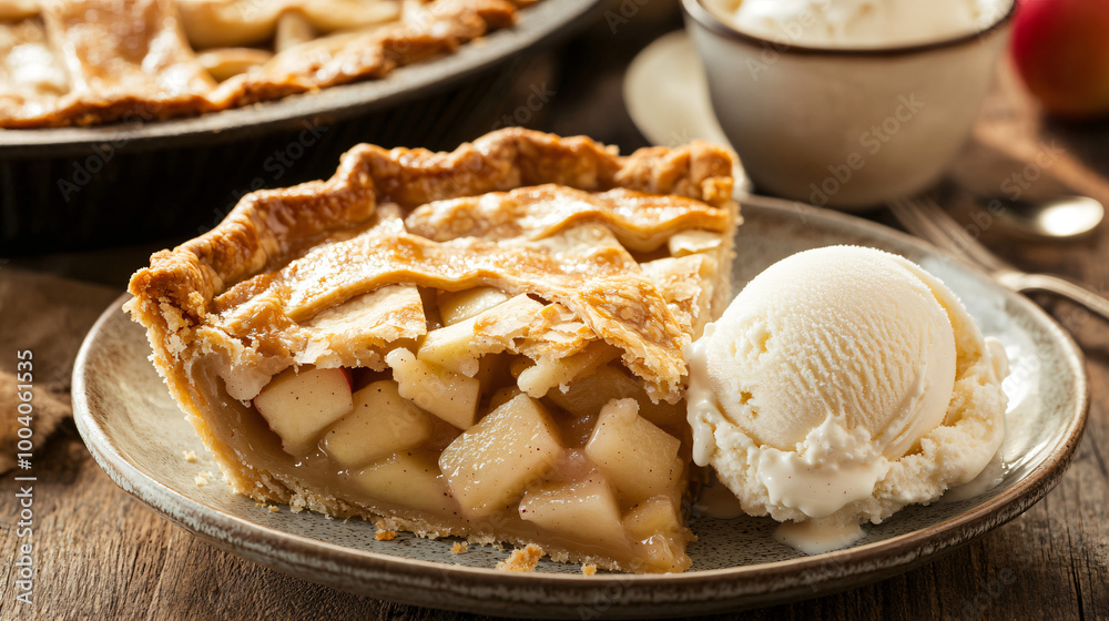 A warm apple pie with a flaky crust and a generous scoop of vanilla ice cream. A warm apple pie with a flaky crust and a generous scoop of vanilla ice cream.