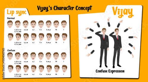 A confused man vector cartoon with hand gesture . Man lip sync vector set for animation. Man face expression illustrations, clipart, graphic.