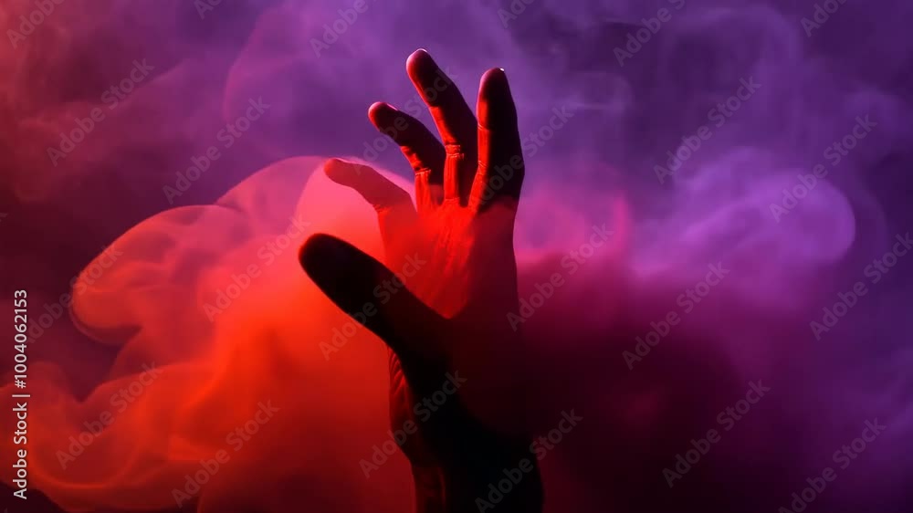 Mystical hand reaching vibrant purple red smoke
