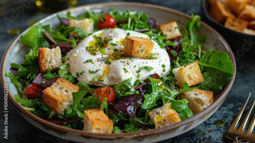 An inviting photo of burrata salad, showcasing the creamy texture and softness of the cheese with mixed greens and croutons on top.