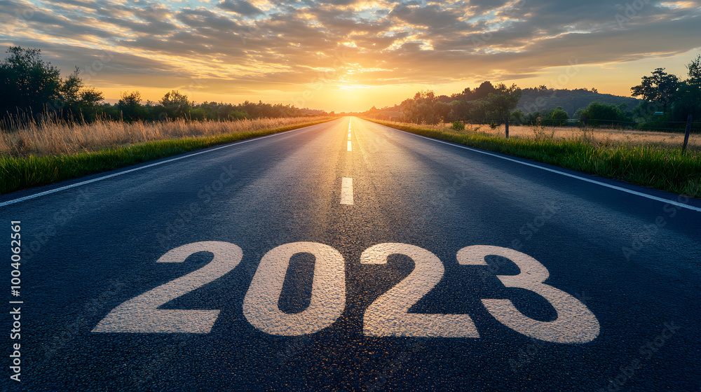 custom made wallpaper toronto digitalHappy New Year 2023 or Begin 2023 written on asphalt road for new year at sunrise Concepts of challenges or career paths and changes