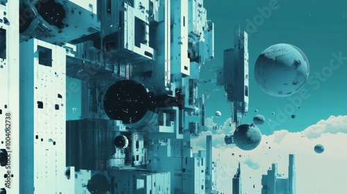 The concept of zero-gravity architecture in weightless blue and structural gray colors photo