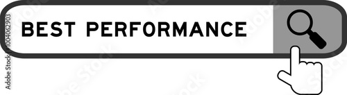 Search banner in word best performance with hand over magnifier icon on white background