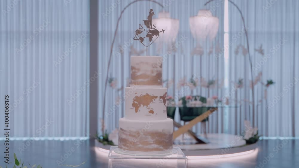 Minimalist wedding cake featuring a world map design with golden continents, globe topper Minimalist wedding cake featuring a world map design with golden continents, globe topper