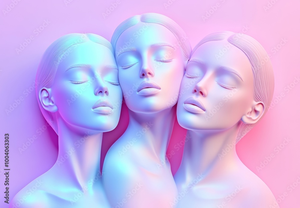 Multifaceted 3D illustration depicting multiple faces in a wall. Concept of posthumanism and transhumanism. Multifaceted 3D illustration depicting multiple faces in a wall. Concept of posthumanism and transhumanism.