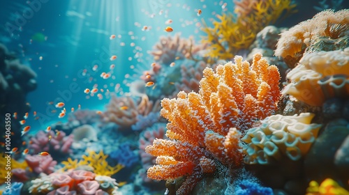 Underwater View of Vibrant Coral Reef With Fish in Sunlight