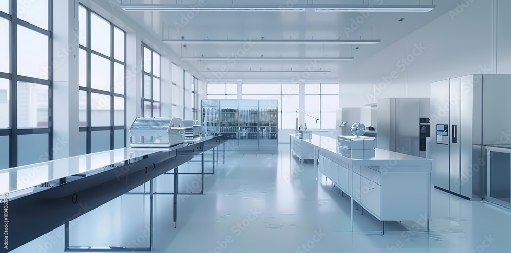 A clean and modern laboratory with white walls, floor-to-ceiling windows, high-tech equipment A clean and modern laboratory with white walls, floor-to-ceiling windows, high-tech equipment