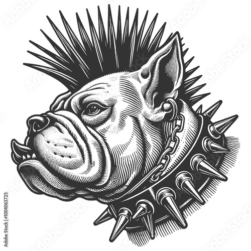 punk bulldog with a spiked mohawk, wearing a large spiked collar, drawn in an engraving style sketch engraving generative ai vector illustration. Scratch board imitation. Black and white image.