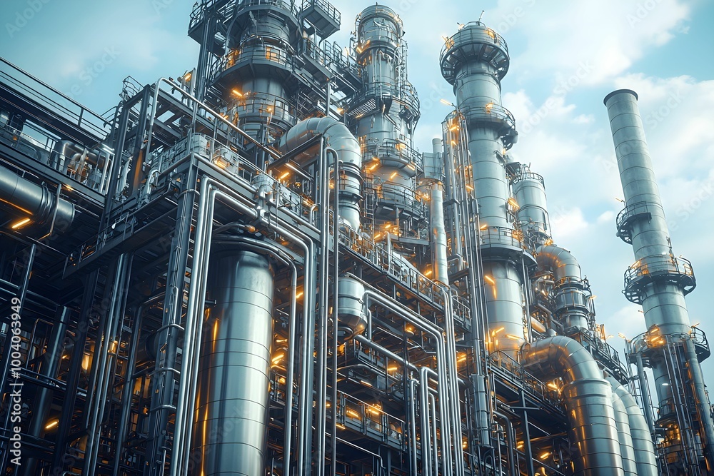 Fototapeta premium Complex with pipes and machinery under a blue sky