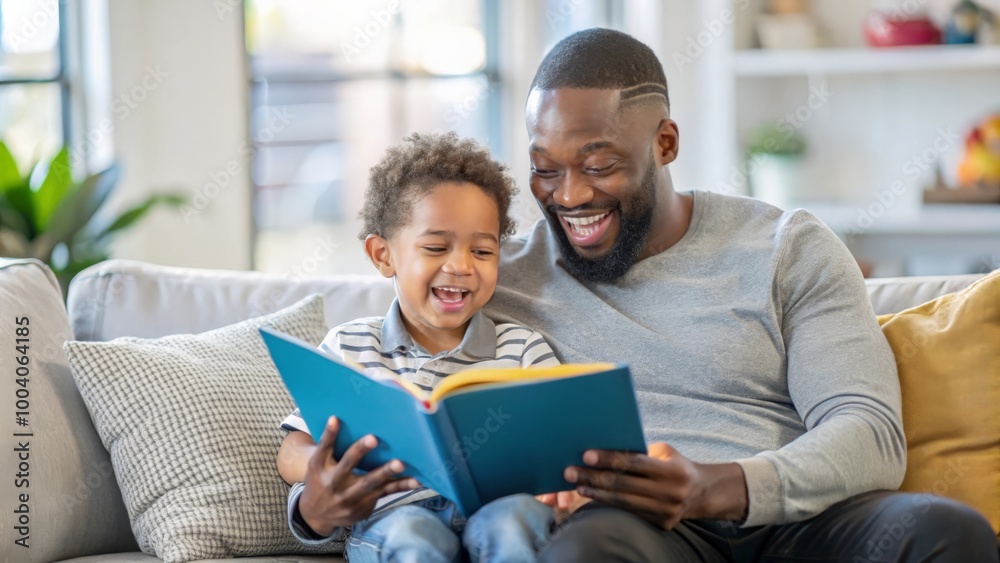 Preschool age boy laugh happily while sitting with his dad reading a story book at sofa, Preschool age boy laugh happily while sitting with his dad reading a story book at sofa,