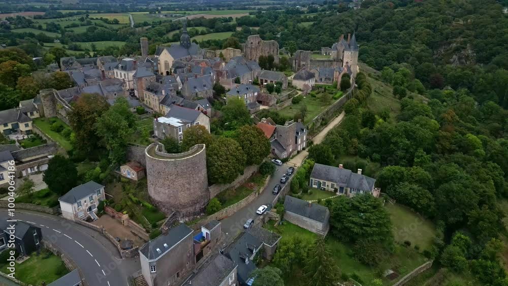 Sainte-Suzanne medieval town and castle, Mayenne in France. Aerial drone top down forward. Panoramic view Sainte-Suzanne medieval town and castle, Mayenne in France. Aerial drone top down forward. Panoramic view