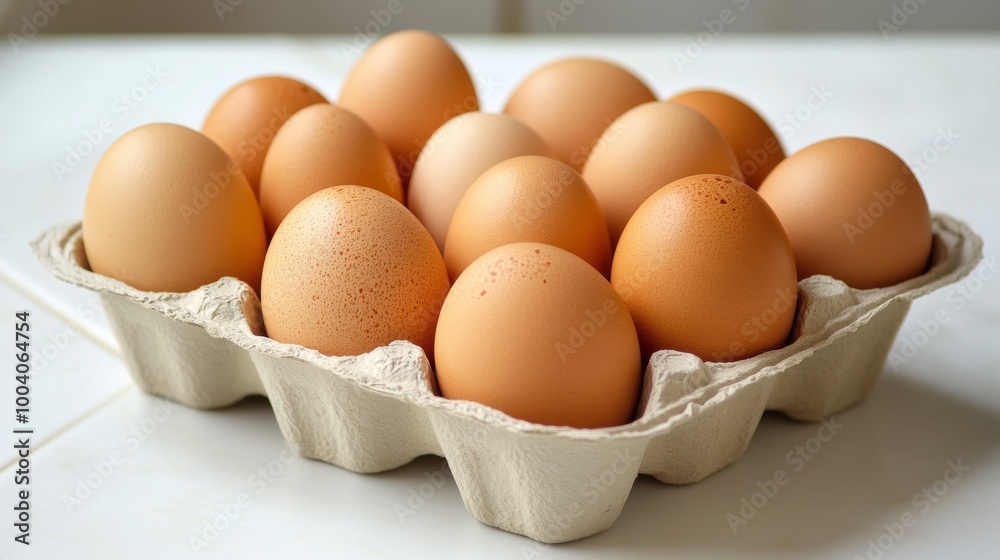 A container of uncooked chicken eggs sits on a white tile surface. A container of uncooked chicken eggs sits on a white tile surface.
