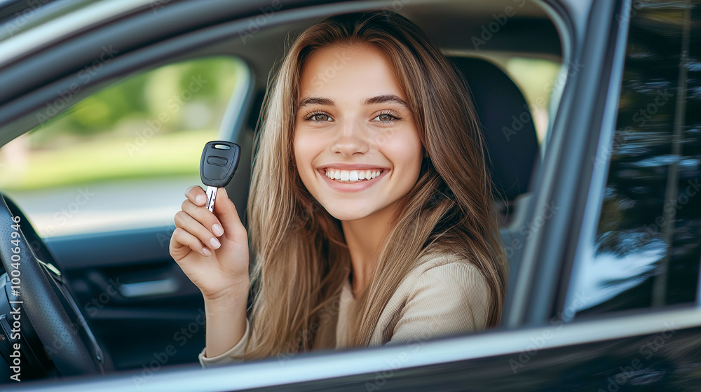 Cheerful young woman sitting in car, holding up car key with big smile, symbolizing the excitement of car ownership or new driving experience