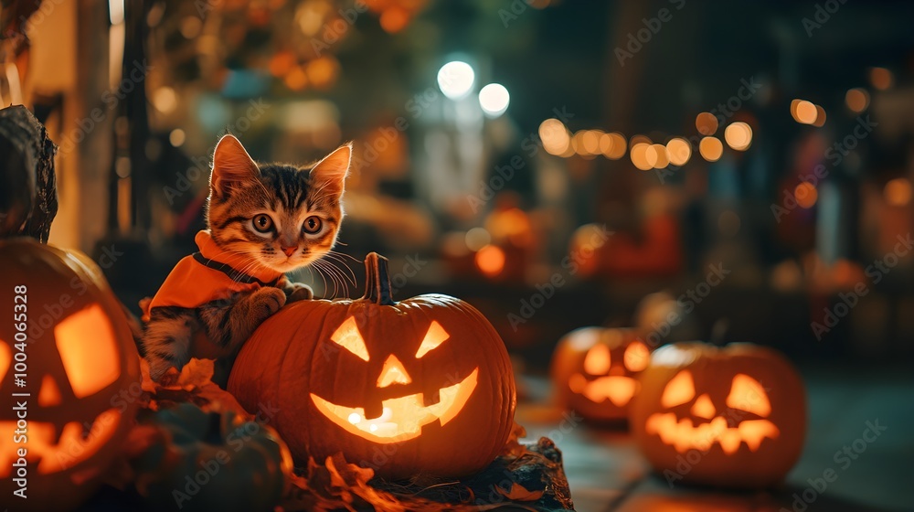 Naklejka premium A festive Halloween setup featuring a cat in a pumpkin costume, surrounded by carved jack-o'-lanterns with flickering candles inside, capturing the playful spirit of the season