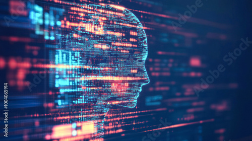 Digital silhouette of human profile with data streams photo