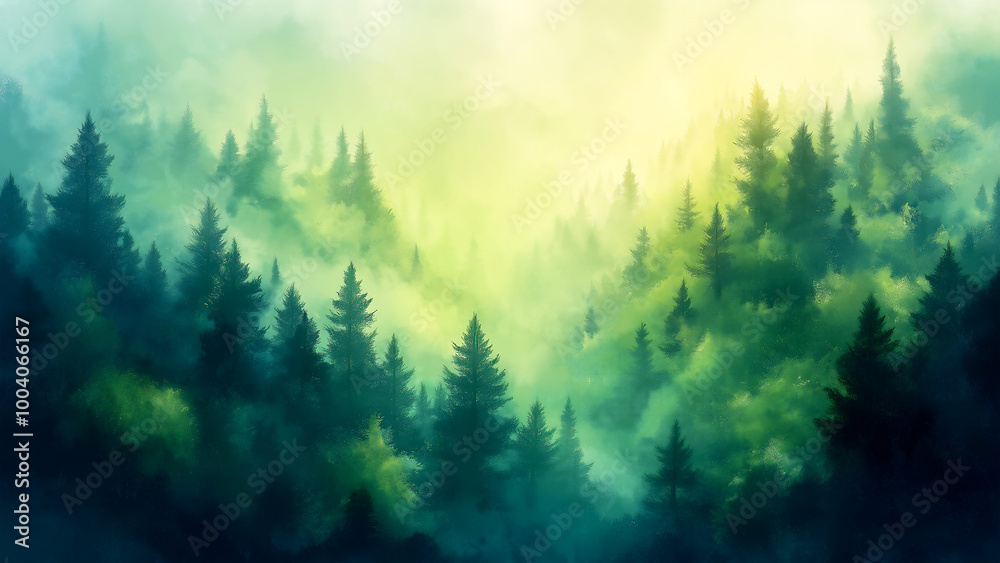 Beautiful, blurred background of an enchanting forest with green trees and fog in the morning light. Beautiful, blurred background of an enchanting forest with green trees and fog in the morning light.