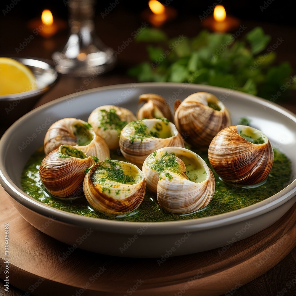 plat d'escargots de bourgogne au beurre persillé, plat gourmet français en ia plat d'escargots de bourgogne au beurre persillé, plat gourmet français en ia