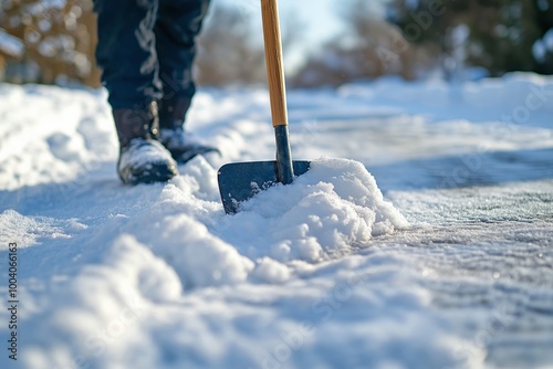 A person shoveling snow from a path on a bright winter morning, wearing boots and moving snow aside