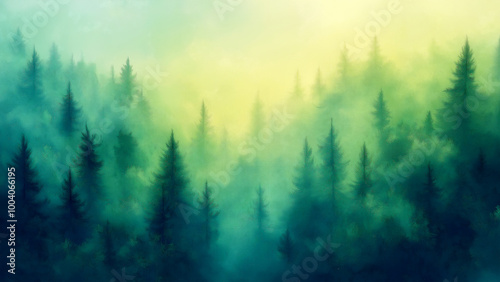Beautiful, blurred background of an enchanting forest with green trees and fog in the morning light.