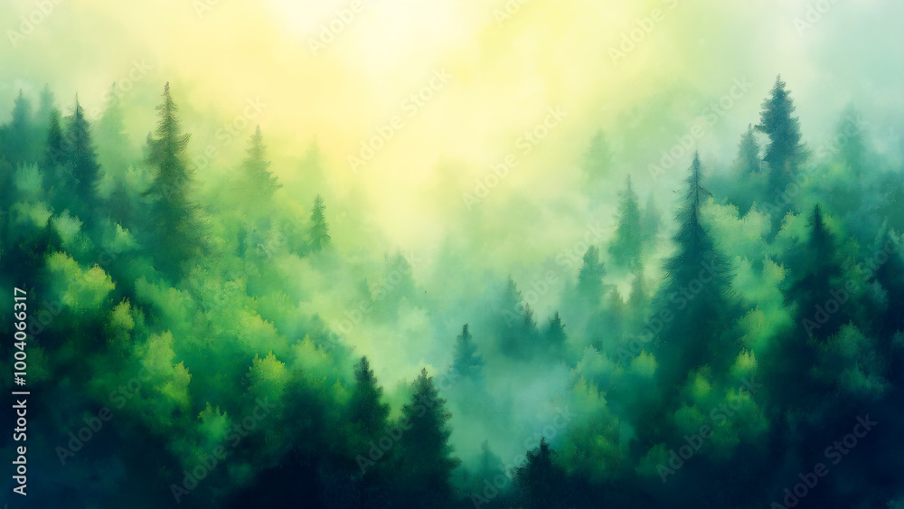 Beautiful, blurred background of an enchanting forest with green trees and fog in the morning light. Beautiful, blurred background of an enchanting forest with green trees and fog in the morning light.