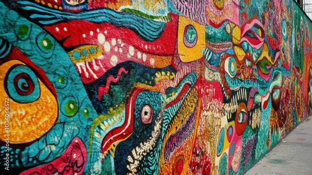 Vibrant mural art depicting colorful abstract designs and patterns. Vibrant mural art depicting colorful abstract designs and patterns.
